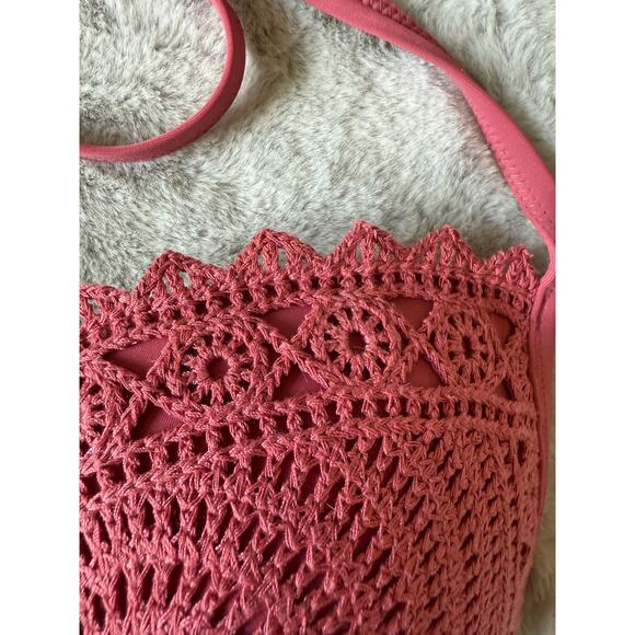 Shade & Shore 34DD Crochet Halter Bikini Top Pink Underwire Swim Bra Large Cup - Picture 3 of 8